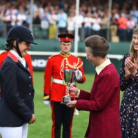 Presentation of The Burghley Cup to Piggy March, Winners of the Land Rover Burghley Horse Trials by HRH Princes Royal accompanied by Miranda Rock and Anthony Bradbury from Land Rover during the prize giving of the Land Rover Burghley Horse Trials, in the park land surrounding Burghley House near Stamford in Lincolnshire in the UK between 31st August - 4th September 2022